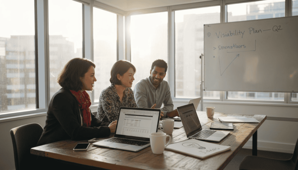 Business team planning visibility strategies in bright office
