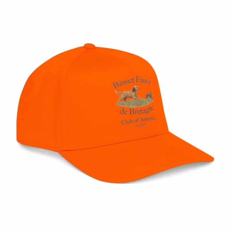 Orange cap with Basset Fauve graphic.