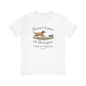 Basset Fauve t-shirt with dog and rabbit graphic.