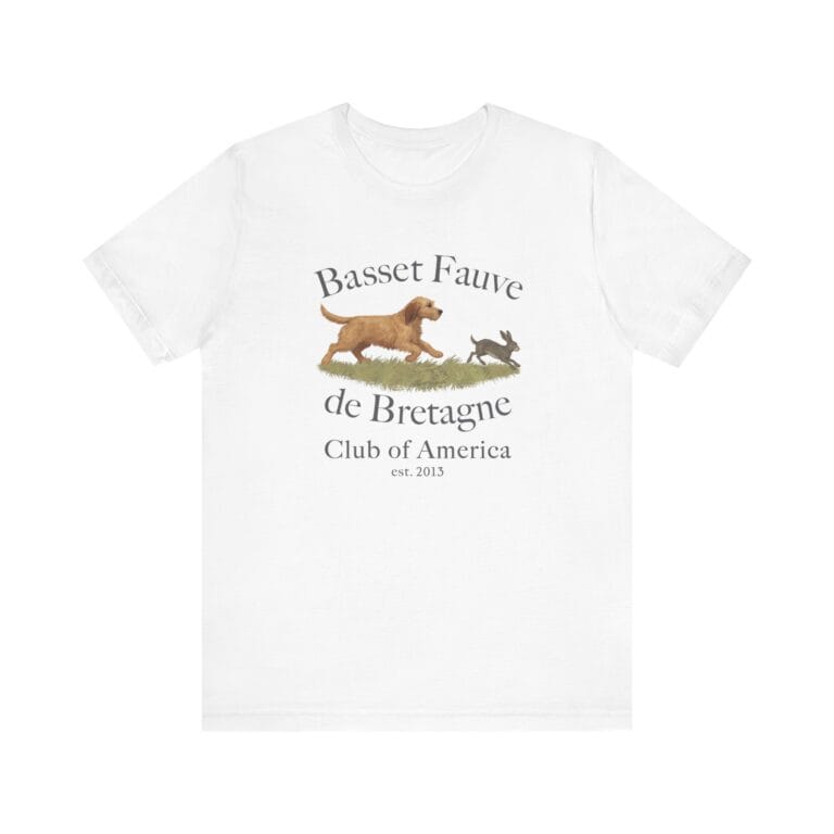 Basset Fauve t-shirt with dog and rabbit graphic.