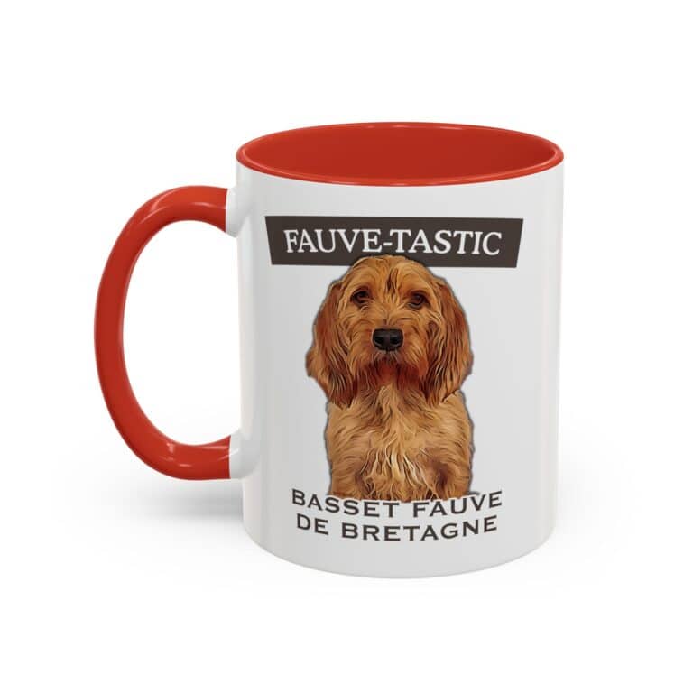 Basset Fauve de Bretagne mug with red handle