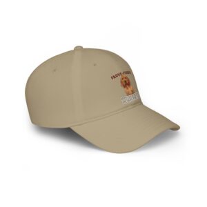 Khaki cap with dog illustration and text.