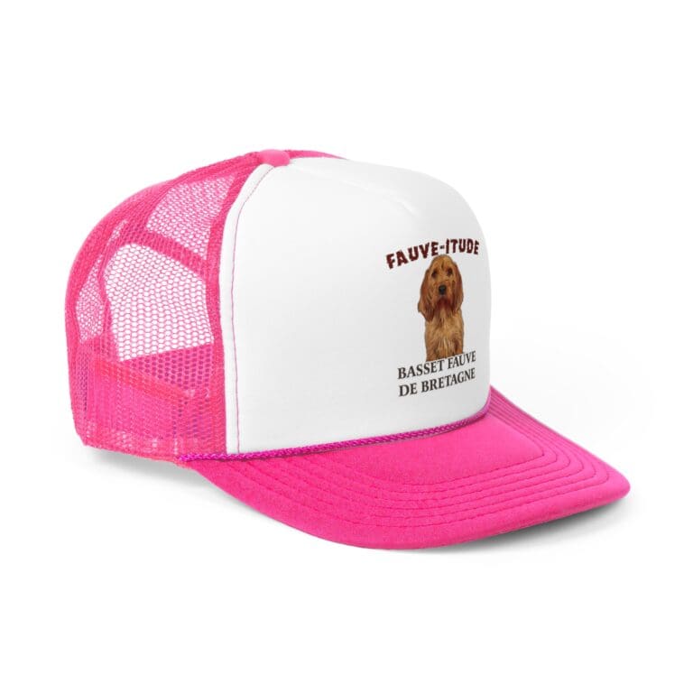 Pink mesh cap with dog design and text