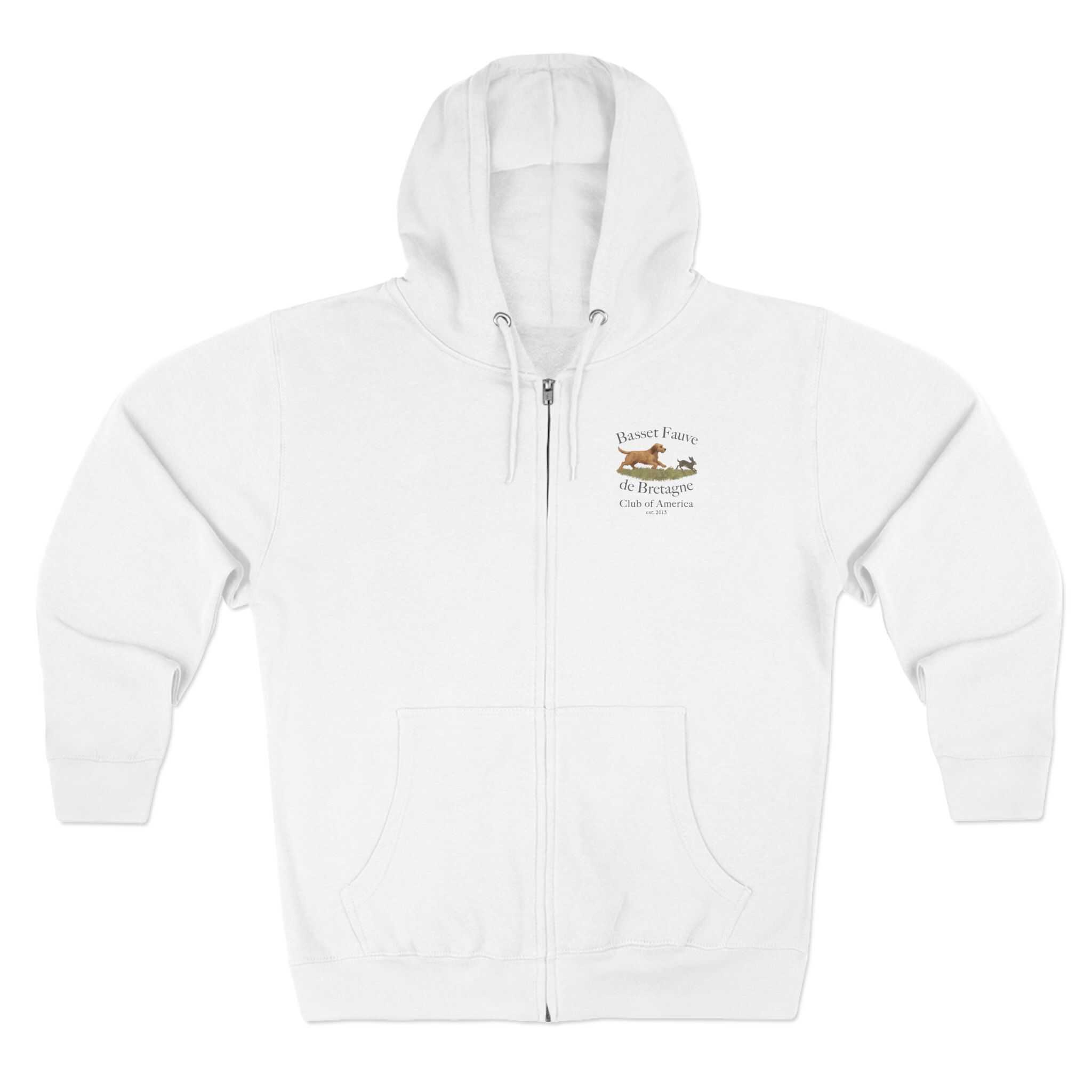 White hoodie with Basset Faune logo on chest.