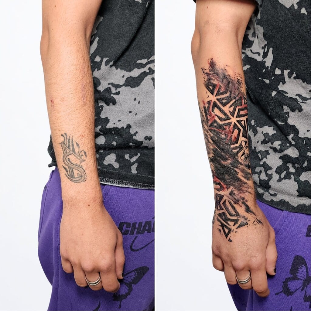 Vorher-nachher Vergleich eines Cover-Up Tattoos am Unterarm mit geometrischem Brushwork in Widnau.