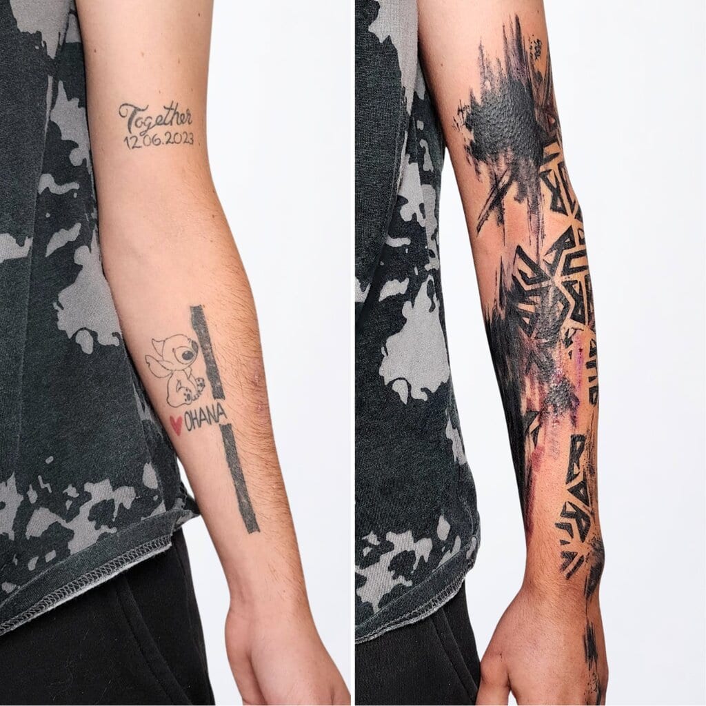 Cover-Up Tattoo am Unterarm mit modernem Blackwork und abstrakten Formen