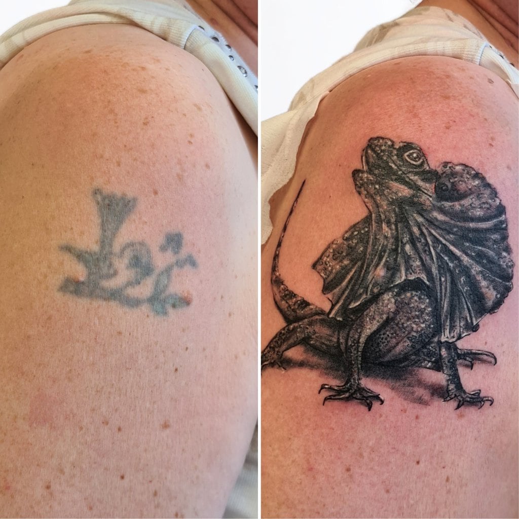 Vorher-Nachher Vergleich eines Reptilien Cover-Up Tattoos auf dem Oberarm.