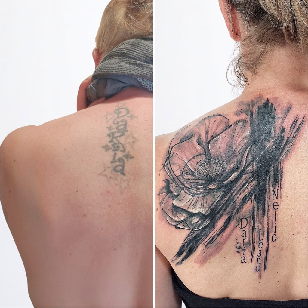 Vorher-Nachher Vergleich eines grossen Rücken Cover-Up Tattoos.