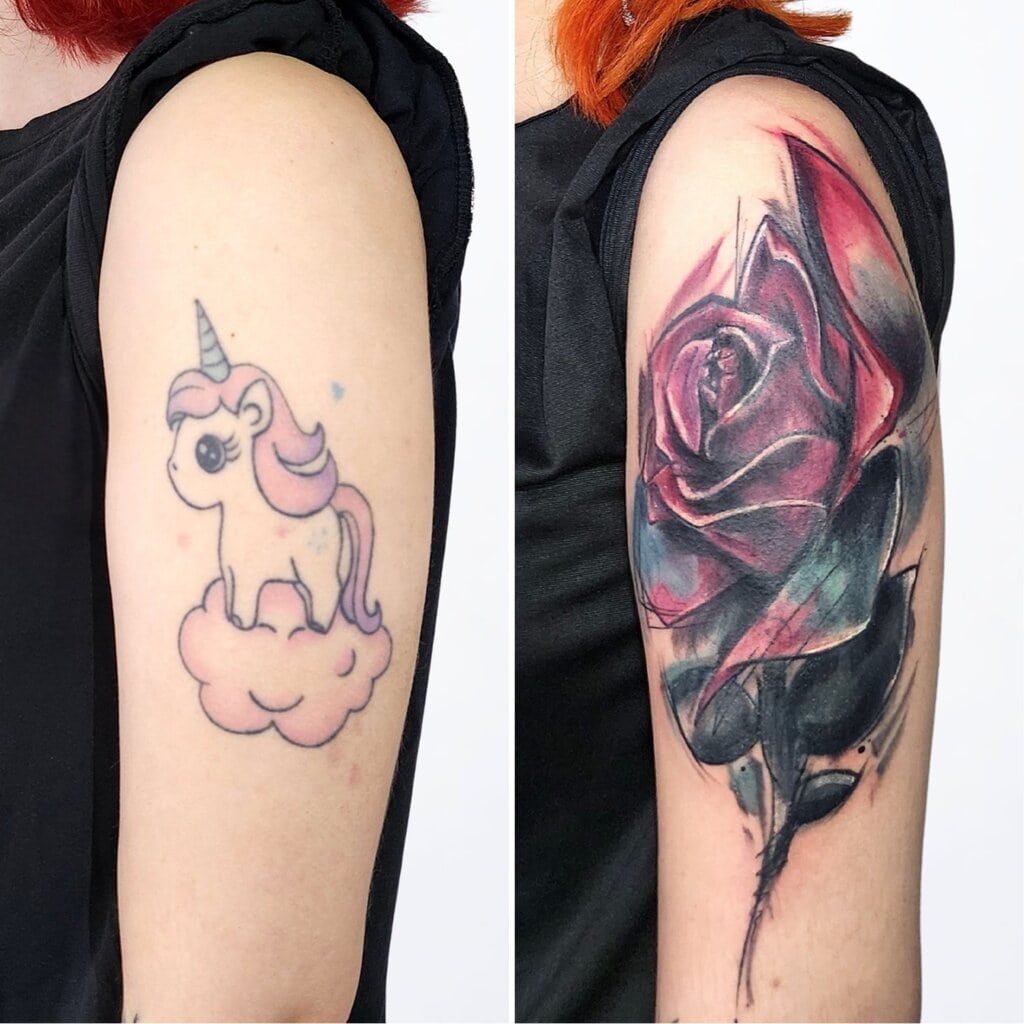 Vorher-nachher Vergleich eines Einhorn-Tattoos, das in eine abstrakte dunkle Rose als Cover-Up in Widnau verwandelt wurde.