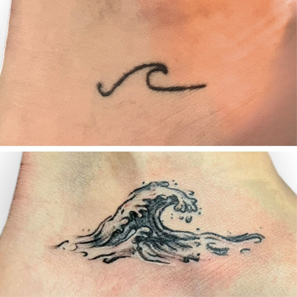 Cover-Up Tattoo einer kleinen Welle am Fussrücken, vorher einfache schwarze Linie, nachher dynamische realistische Wasserwelle.
