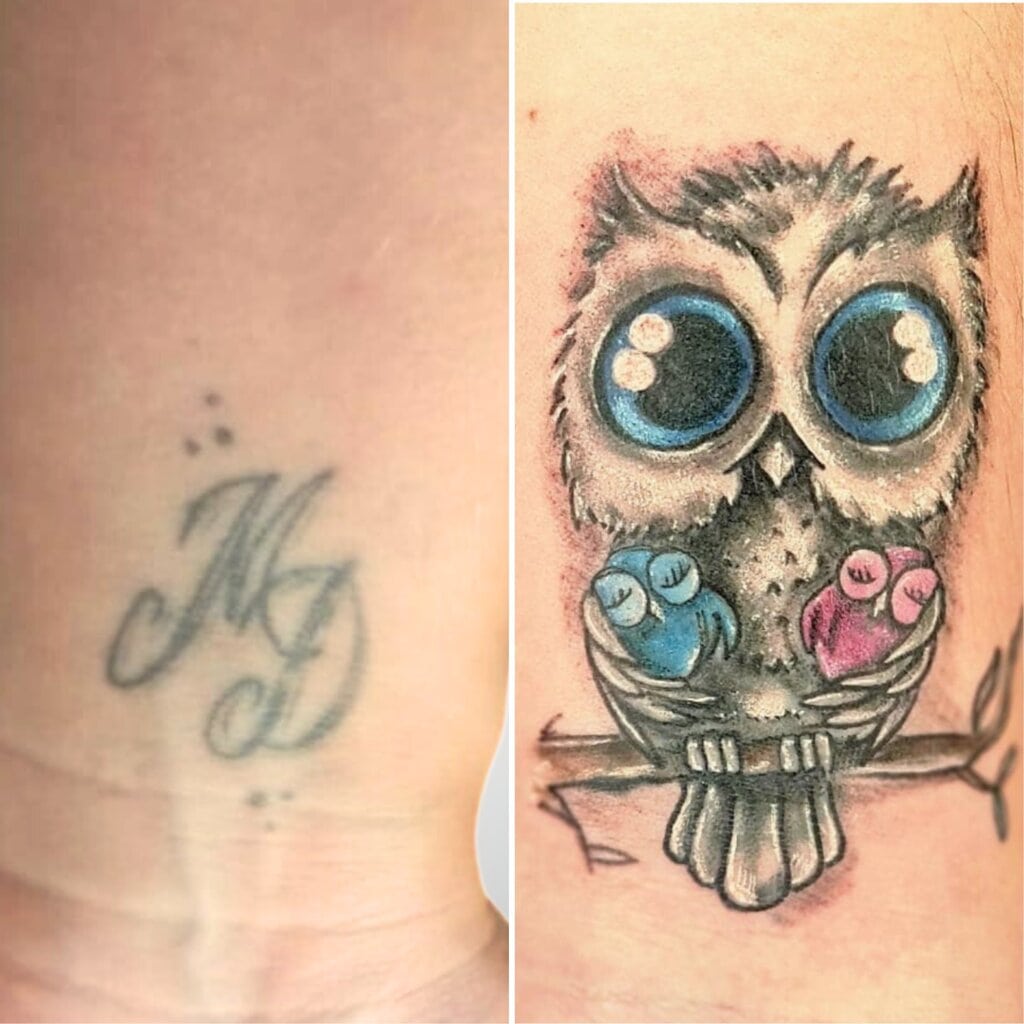 Cover-Up eines Initialen Tattoos am Handgelenk, ersetzt durch eine süsse kleine Eule mit zwei Vögelchen.