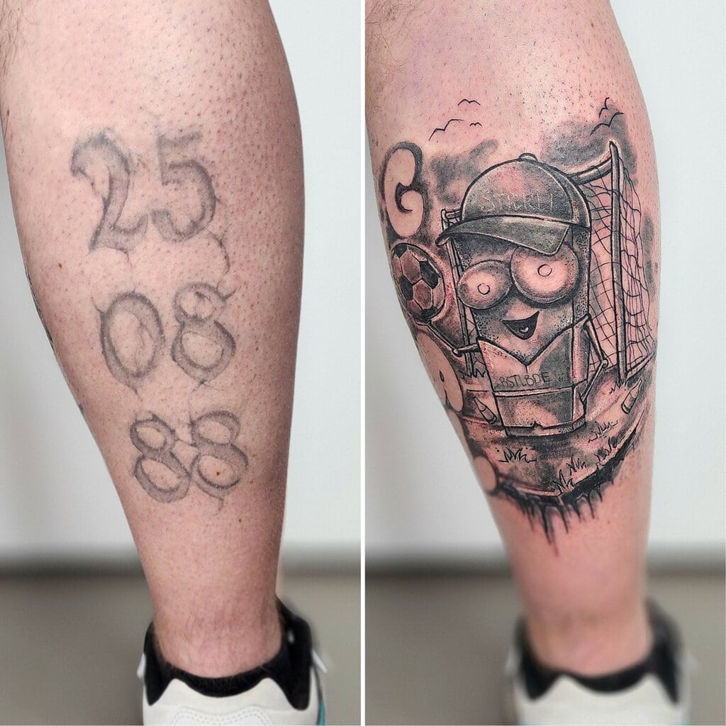 Humorvolles Cover-Up Tattoo mit Fussball-Fischstäbchen, das verblasste Zahlen am Bein kreativ überarbeitet.