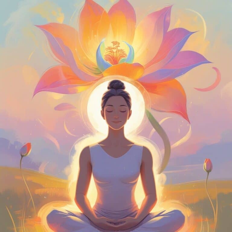 Woman sitting peacefully cross legged with a blooming flower behind her head representing mental peace through art