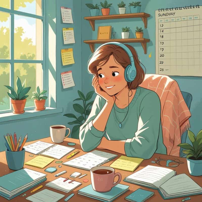 Woman with a satisfied expression at a desk with notepads, pencils and a cup of coffee and a cup of tea. There are plant in the windowsill. She is pleased with her productivity. 