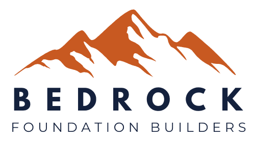 Logo with orange mountains and 'BEDROCK FOUNDATION BUILDERS' text.