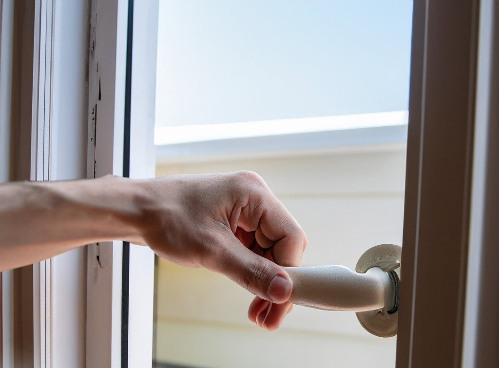 A hand opening a white door handle, revealing a bright sky outside.