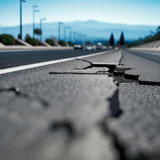 Close-up of a cracked asphalt road with a blurred background.