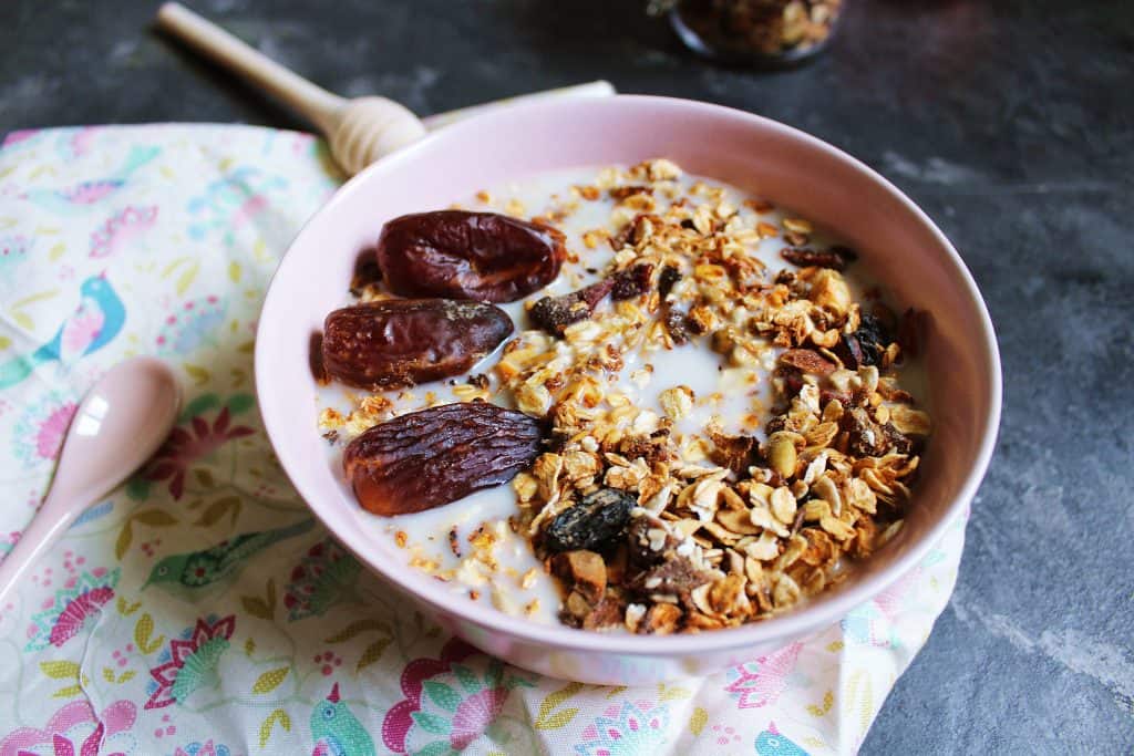 bowl of granola and dates with milk.