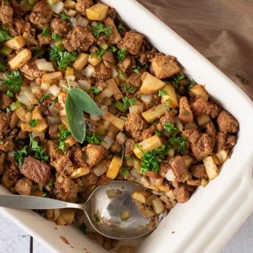Apple Sage Stuffing in casserole dish from above