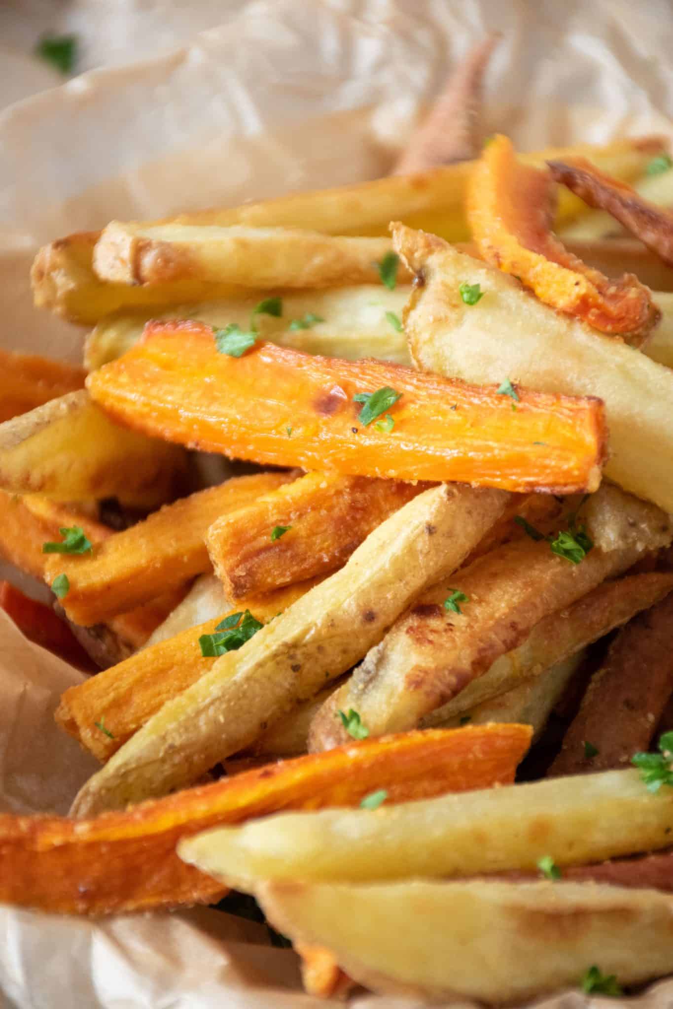 Close up of crispy root vegetable fries