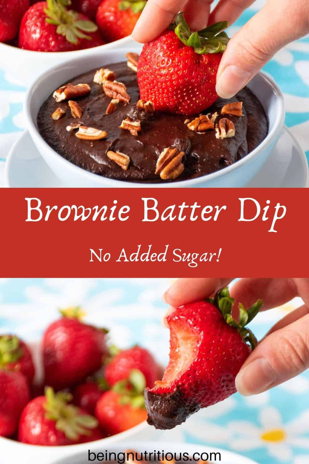 2 stacked images: bowl of brownie batter with a strawberry being dipped in, over a strawberry with dip on it and a bite taken out.