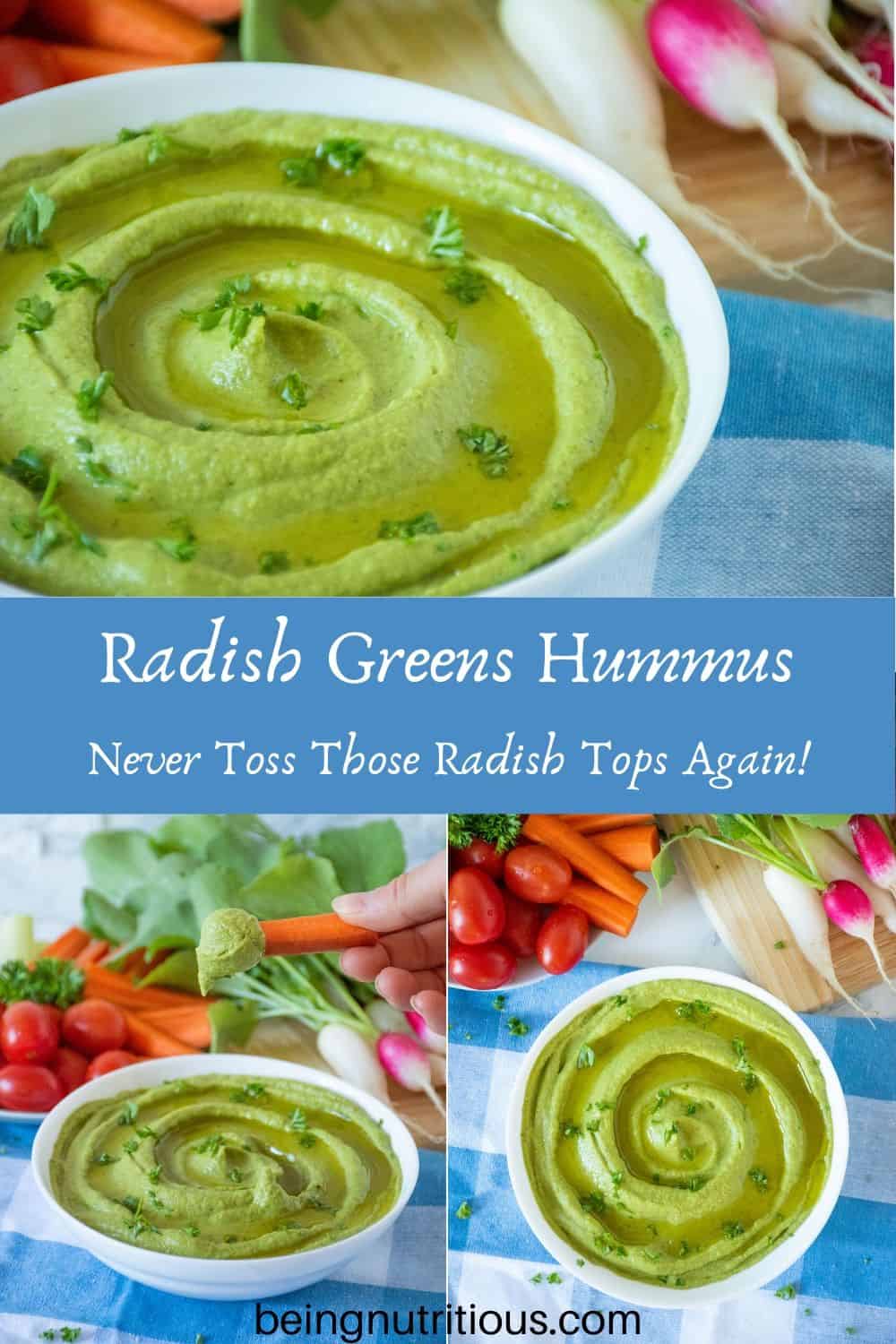 Compilation of 3 images of radish greens hummus in a white bowl, with a variety of vegetables for dipping in the background.