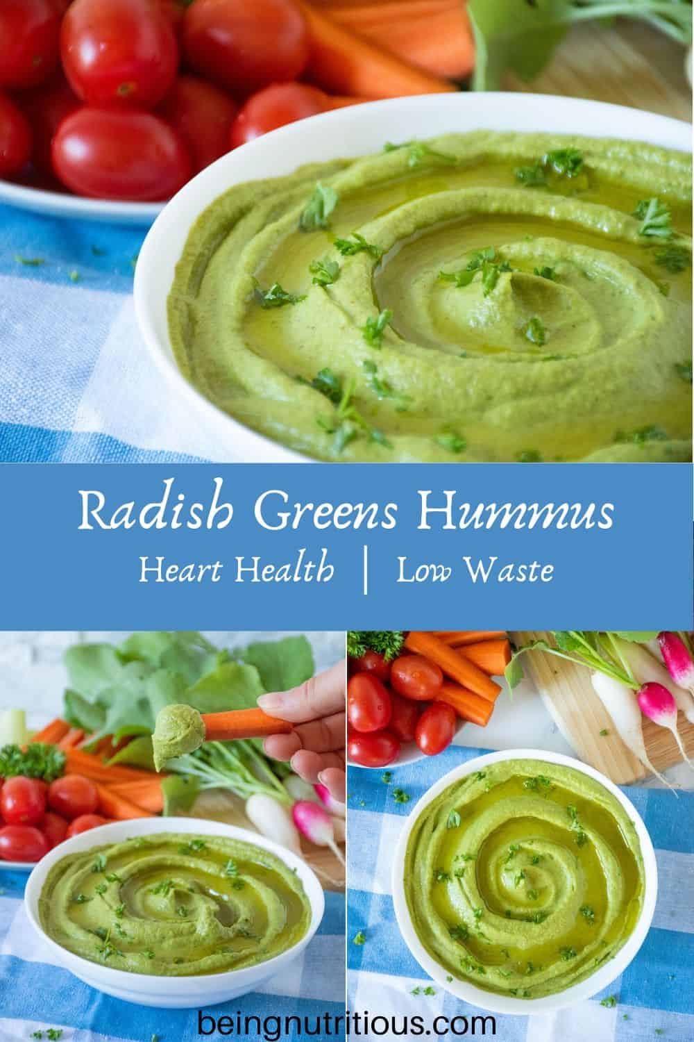 Compilation of 3 images of radish greens hummus in a white bowl, with a variety of vegetables for dipping in the background.