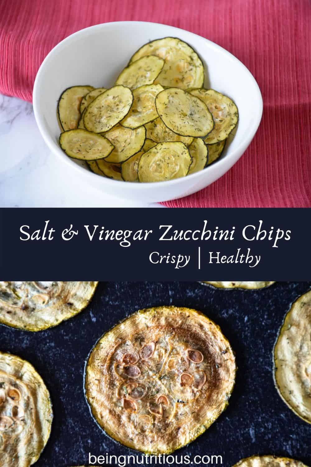 Split image - top image is a white bowl filled with zucchini chips, bottom image is a close up of a single chip on a dark background.