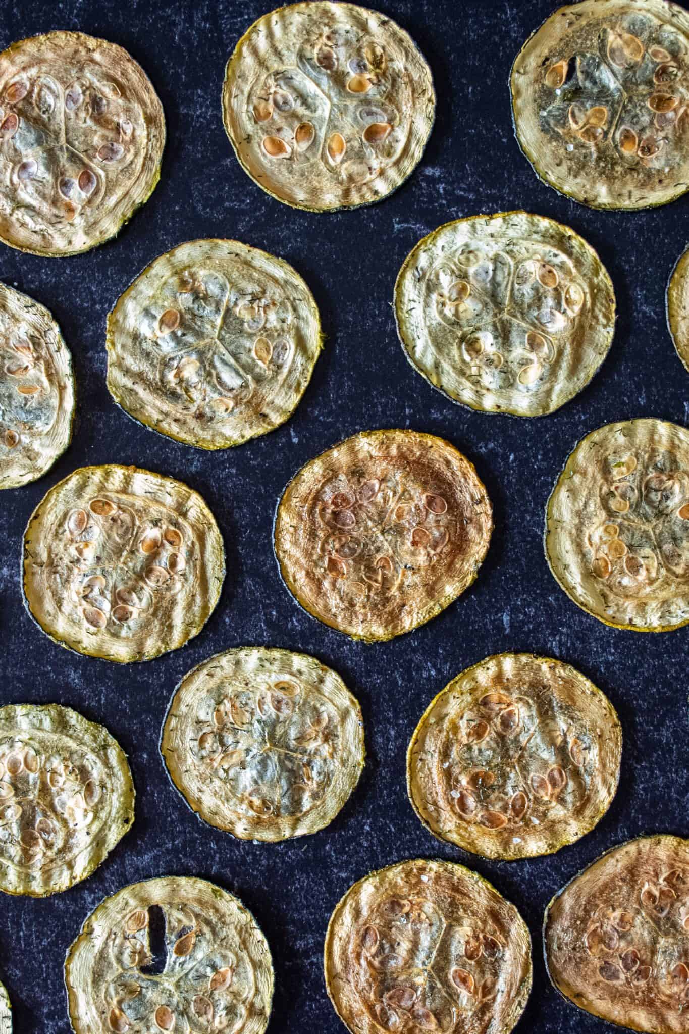 Overhead shot of zucchini chips arranged on a dark background, in a single layer, equidistant apart.