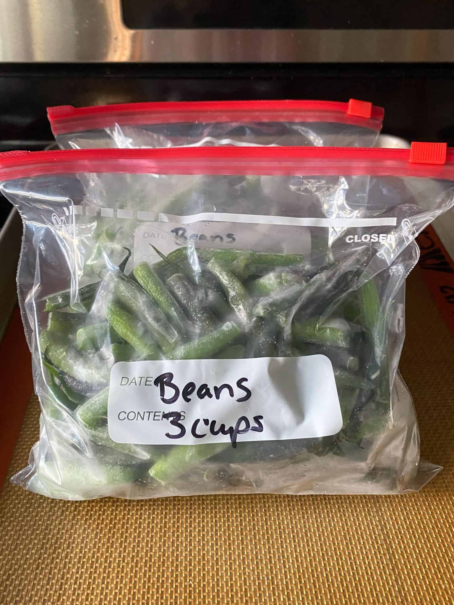 Frozen beans in zipper bags.