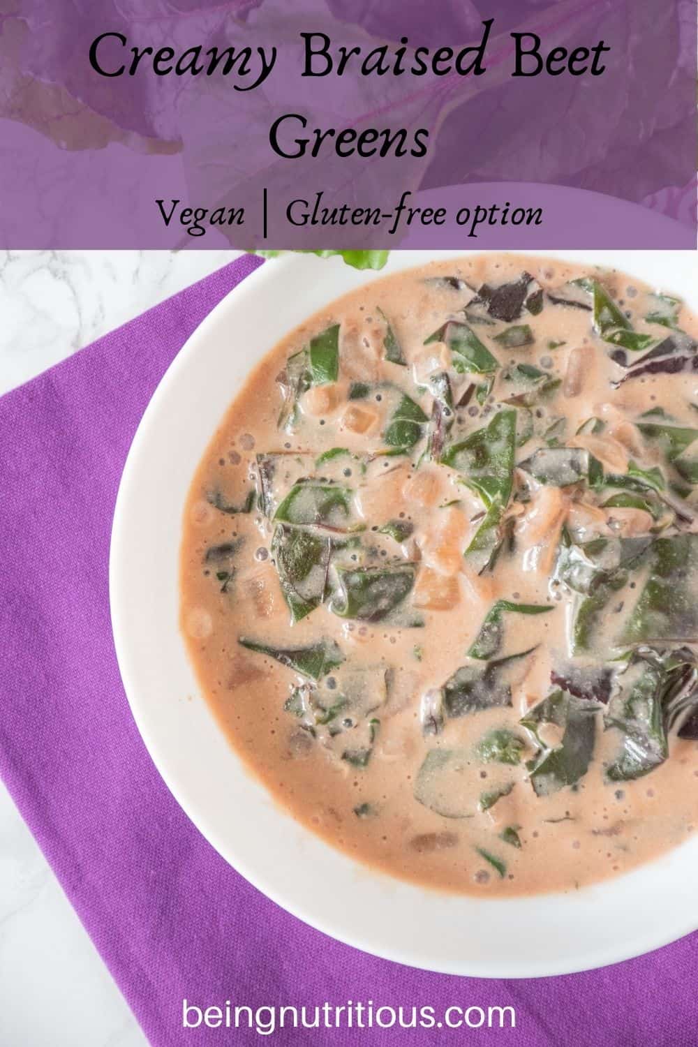 Overhead picture of a bowl of braised greens in a light pink broth. Text overlay: Creamy Braised Beet Greens; vegan, gluten-free option