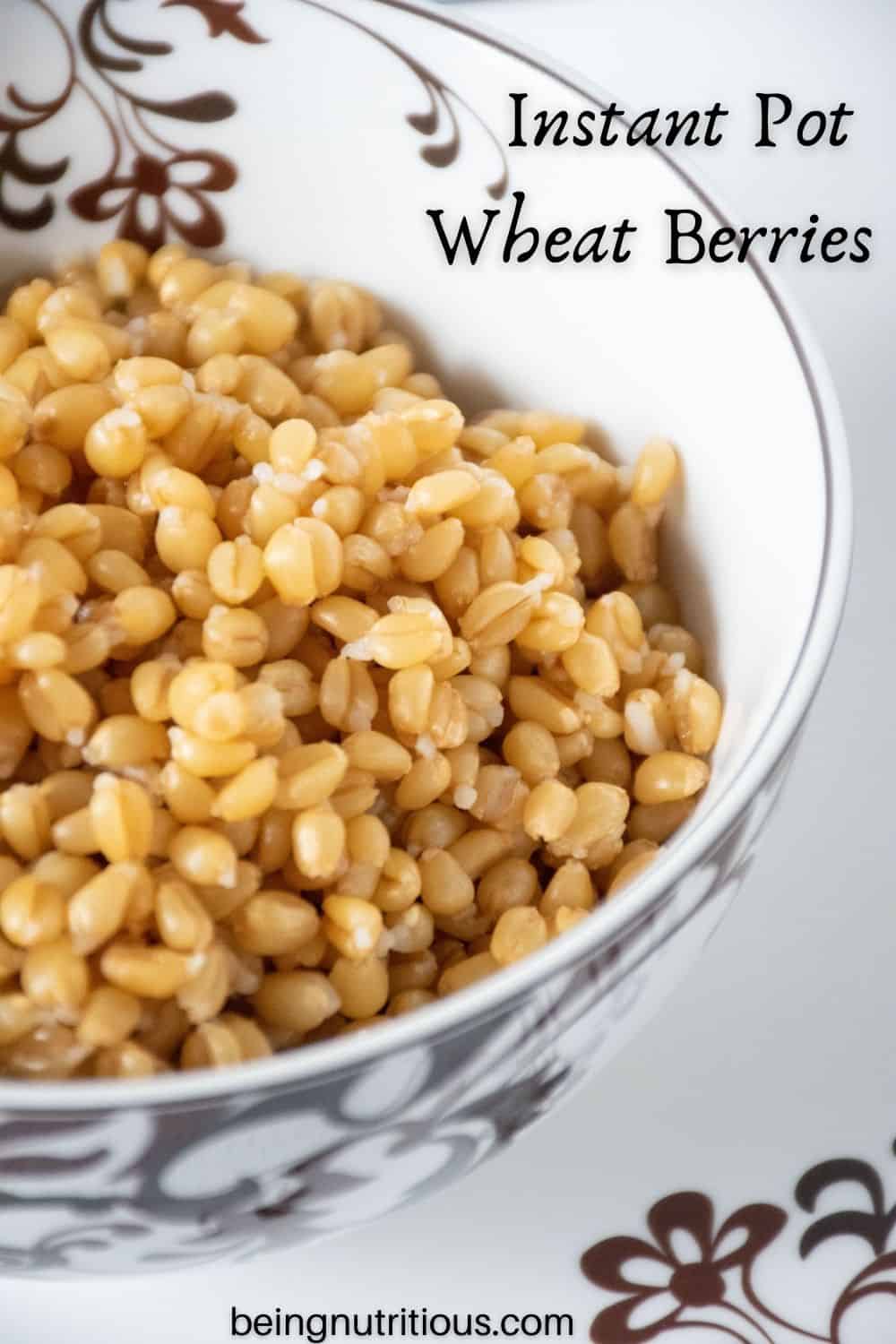 Bowl of cooked wheat berries. Text overlay: Instant Pot Wheat Berries.