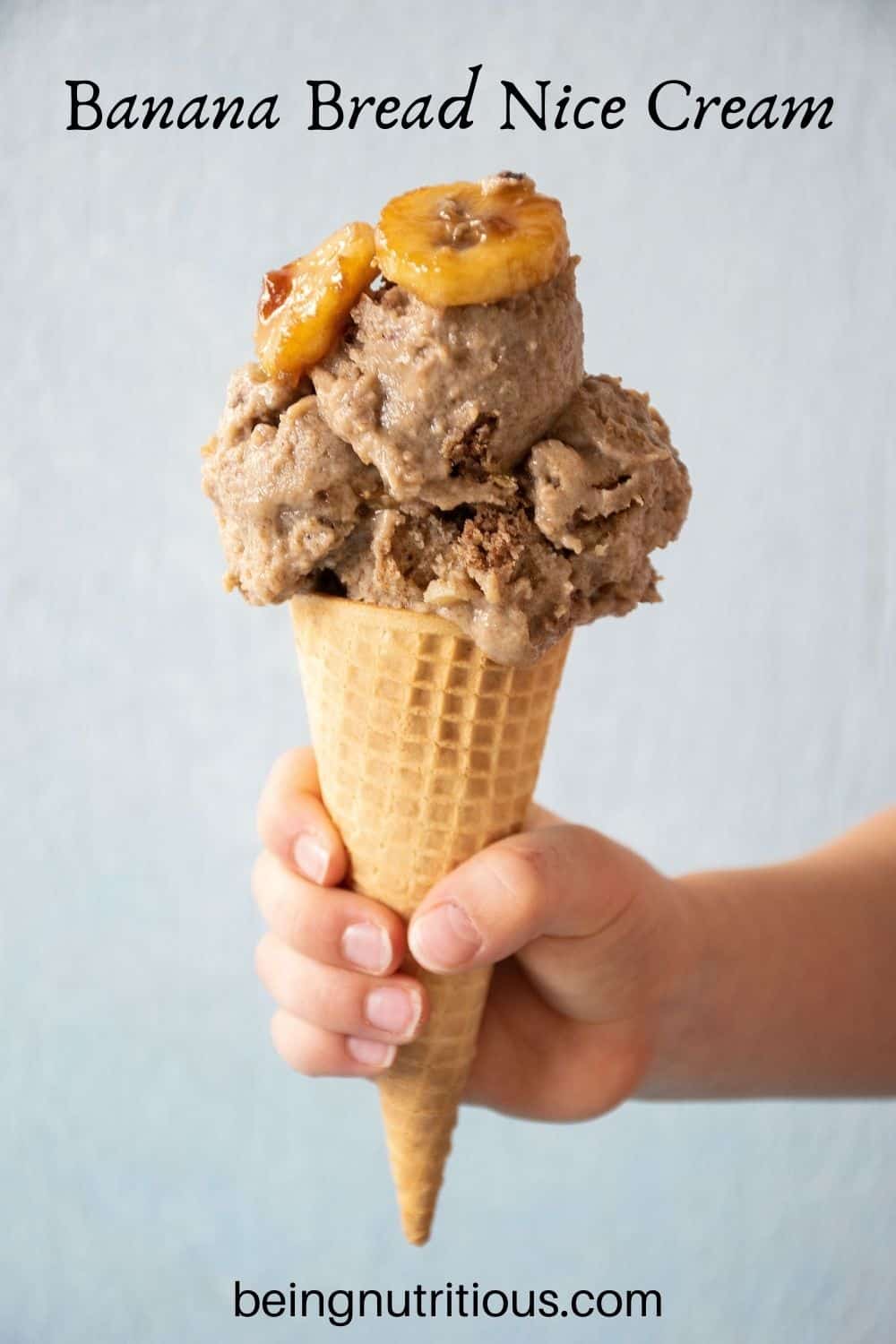 Ice cream in a sugar cone. Text overlay: Banana Bread Nice Cream