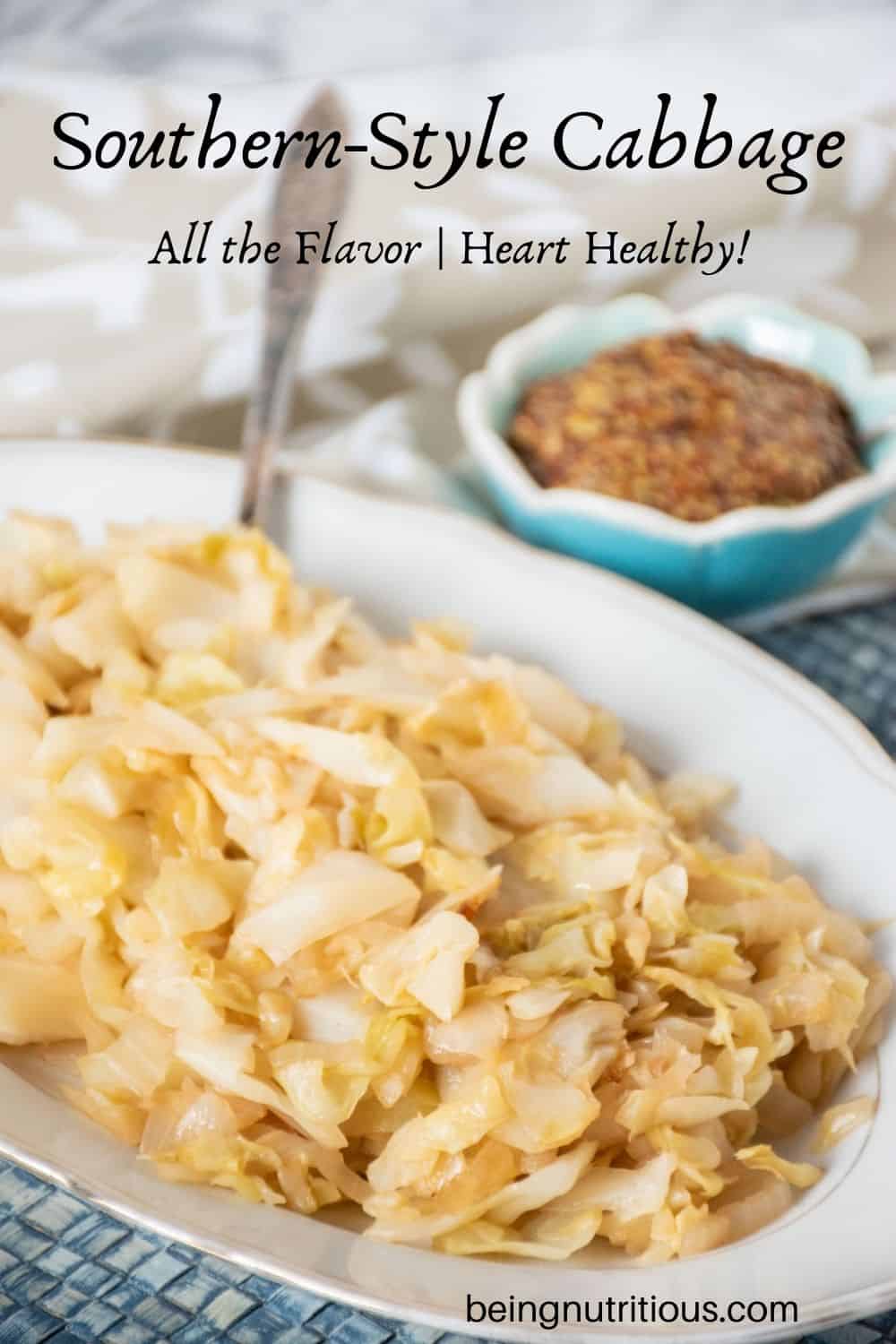 Sautéed cabbage on a plate. Text overlay: Southern-style cabbage; all the flavor, heart healthy!