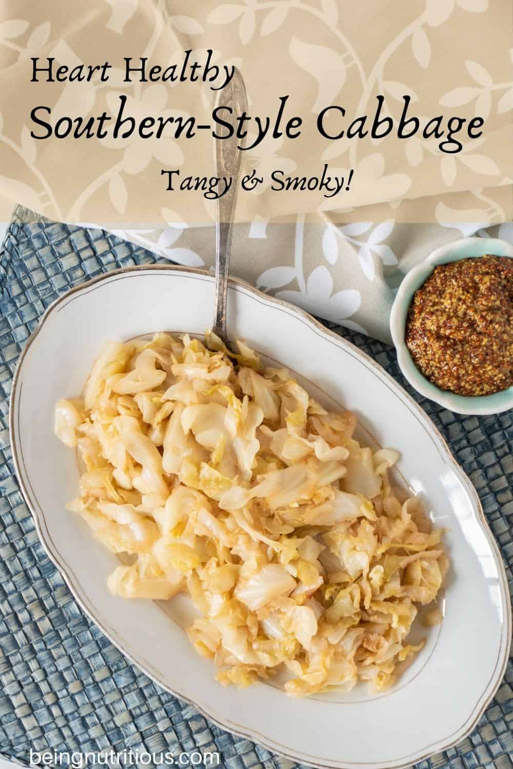 Sautéed cabbage on a plate. Text overlay: Heart Healthy Southern-style cabbage; tangy and smoky!