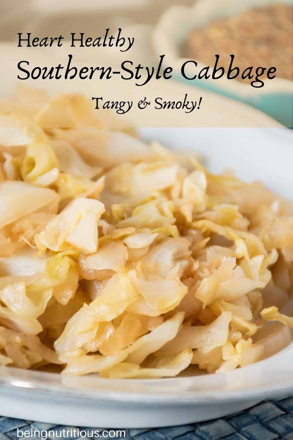 Sautéed cabbage on a plate. Text overlay: Heart Healthy Southern-style cabbage; tangy and smoky!