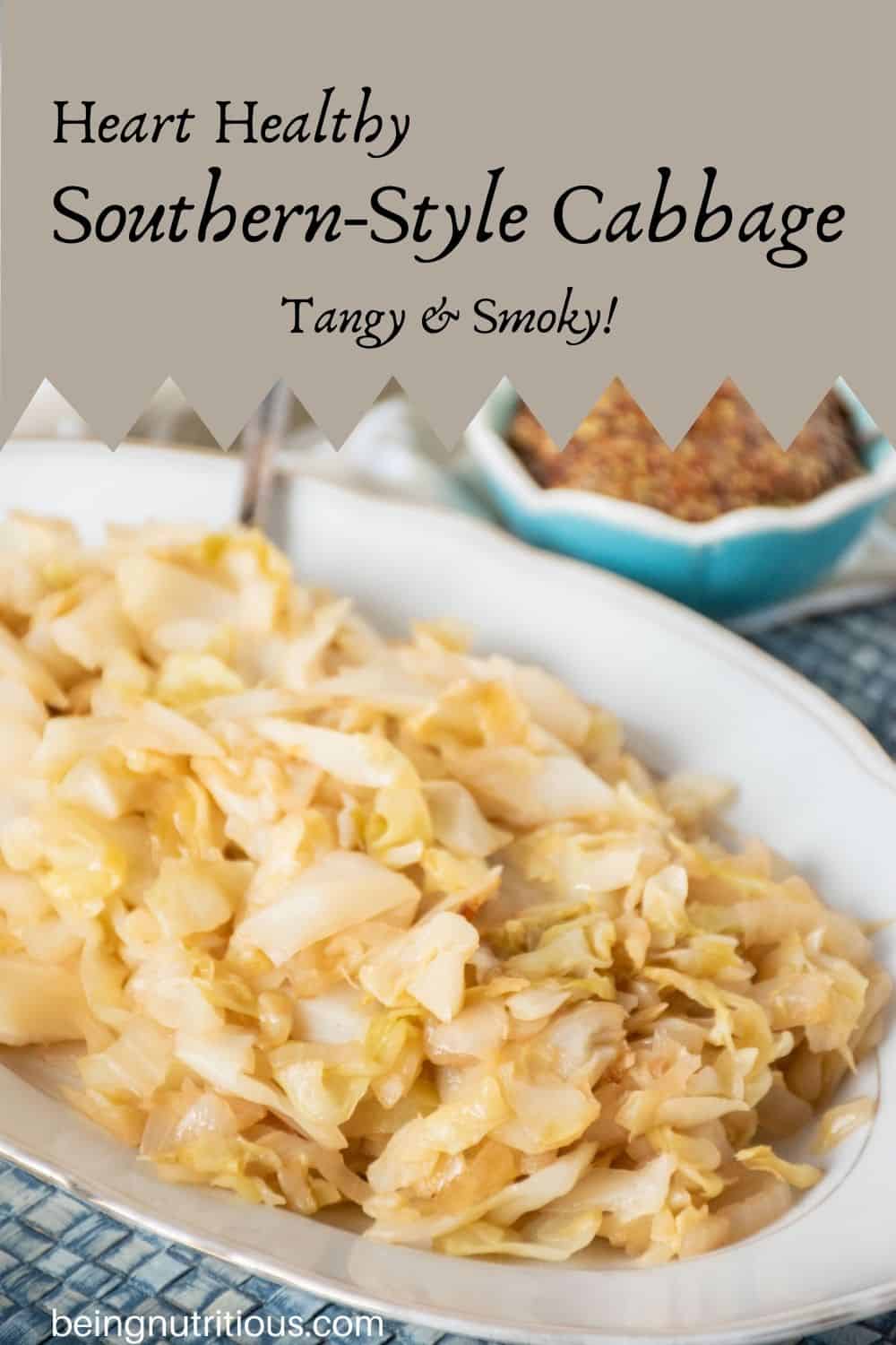 Sautéed cabbage on a plate. Text overlay: Heart Healthy Southern-style cabbage; tangy and smoky!