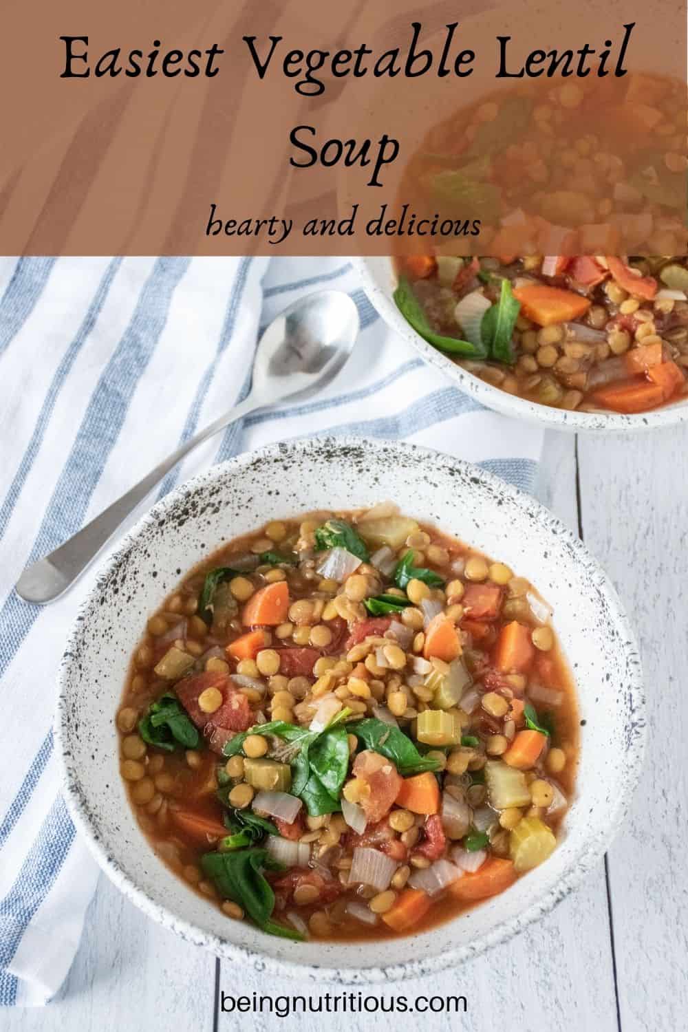 Lentil soup in a bowl. Text overlay: Easiest Vegetable Lentil soup; hearty and delicious.
