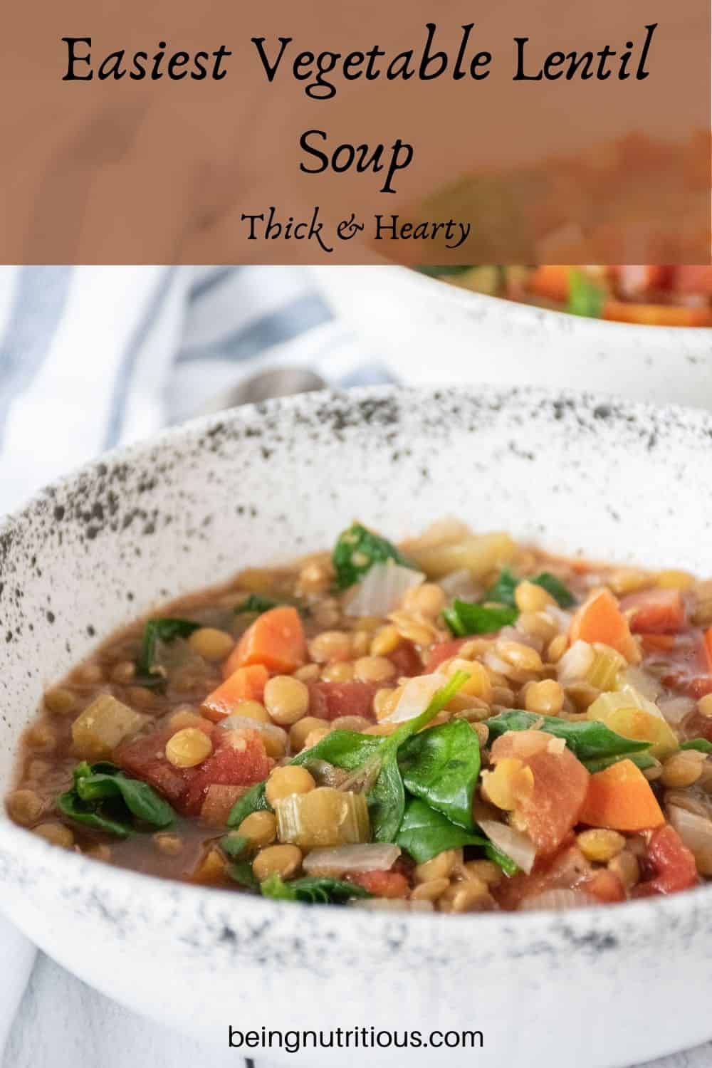 Lentil soup in a bowl. Text overlay: Easiest Vegetable Lentil soup; thick and hearty.