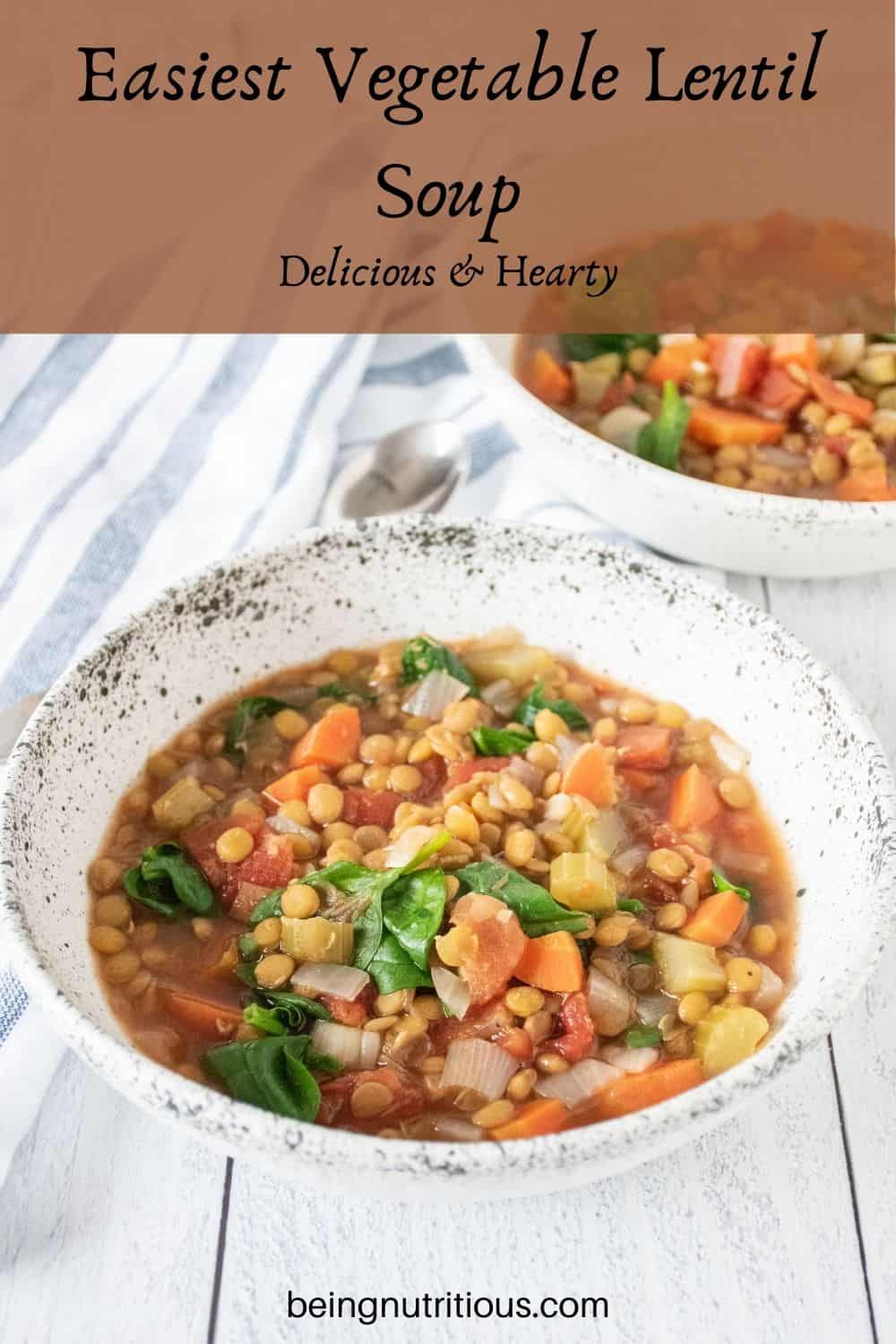 Lentil soup in a bowl. Text overlay: Easiest Vegetable Lentil soup; delicious and hearty.