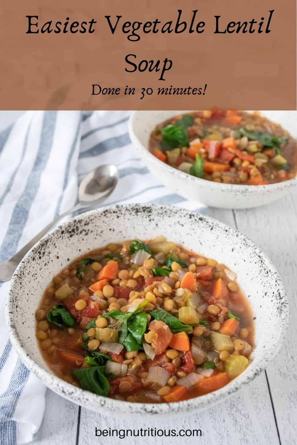 Lentil soup in a bowl. Text overlay: Easiest Vegetable Lentil soup; done in 30 minutes!