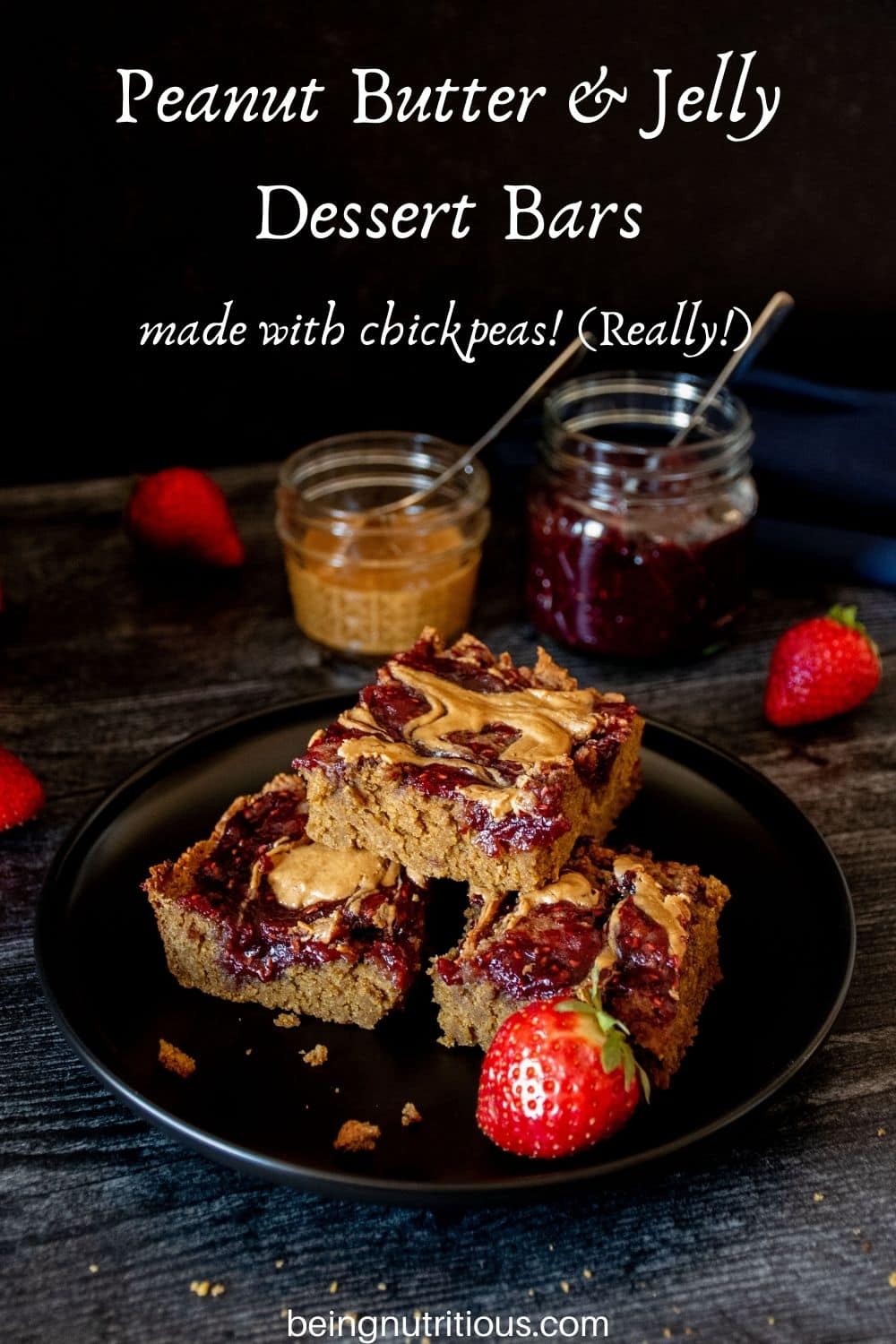 Dessert bars stacked on a plate. Text overlay: Peanut Butter & Jelly Dessert Bars; made with chickpeas! (Really!)