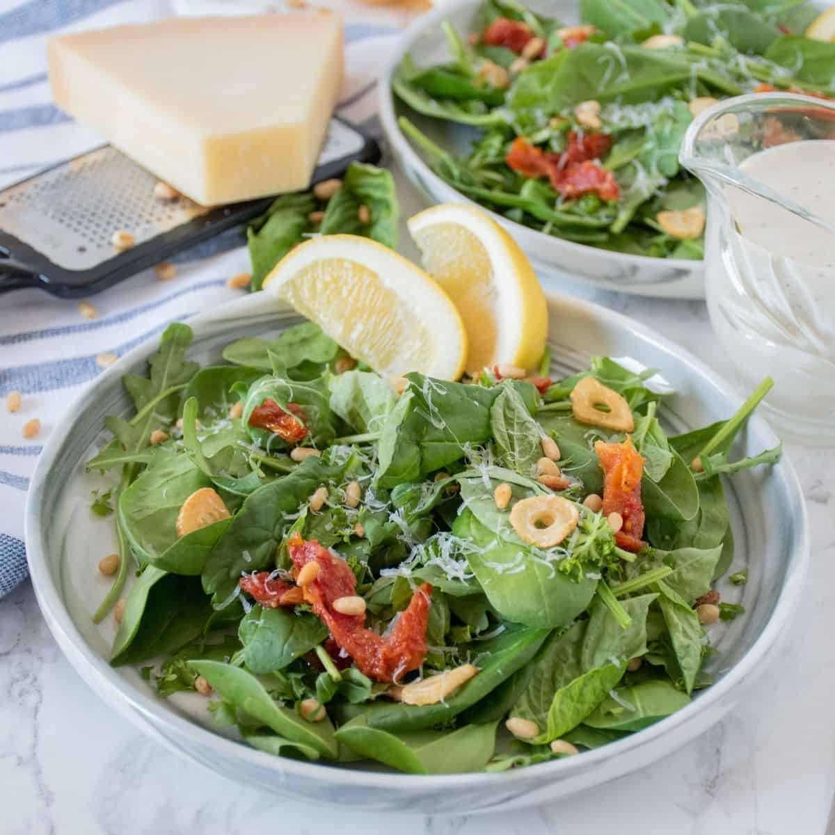 Plate of salad with sundried tomatoes, pine nuts, fried garlic, and dressing.