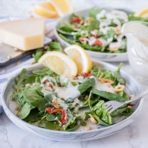 Plate of salad with sundried tomatoes, pine nuts, fried garlic, and dressing.
