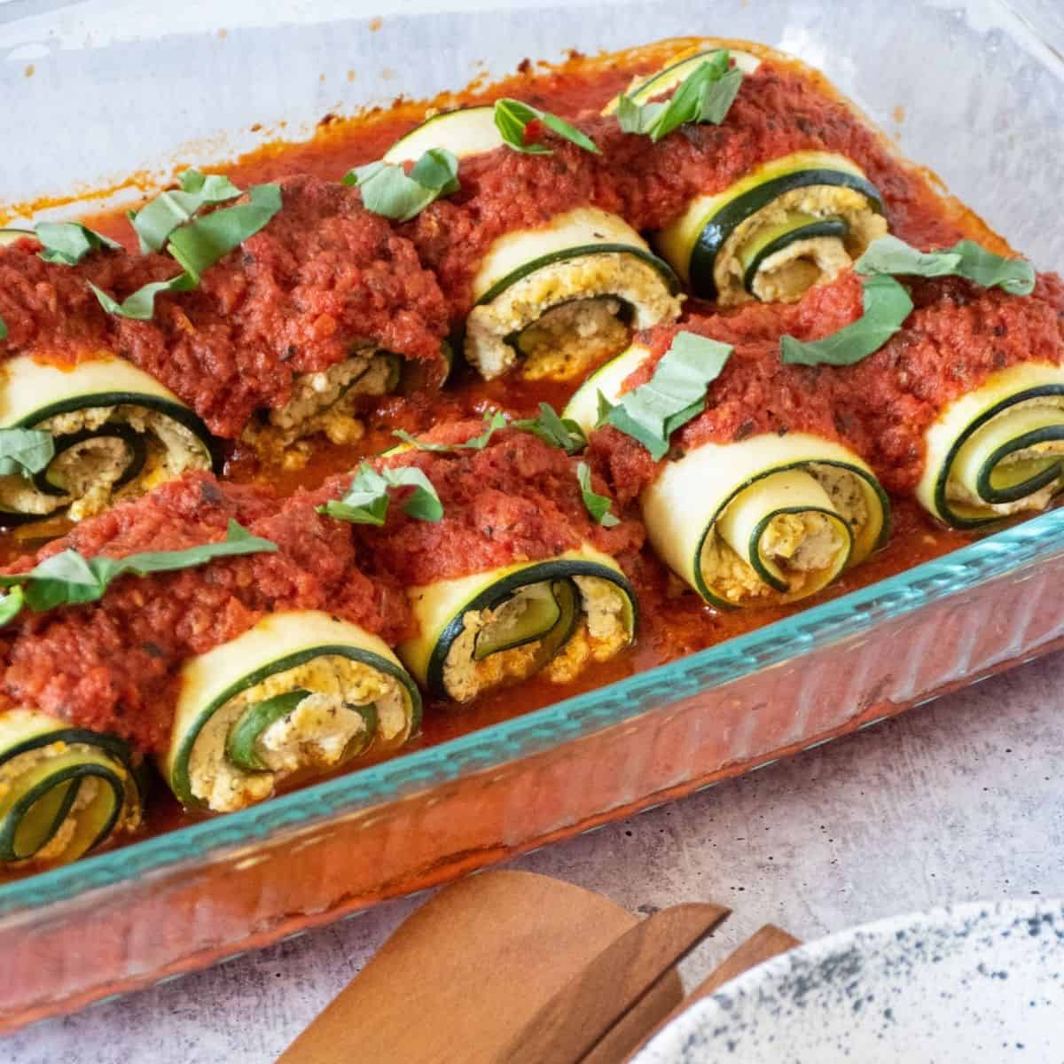 Baking pan of lasagna rolls.