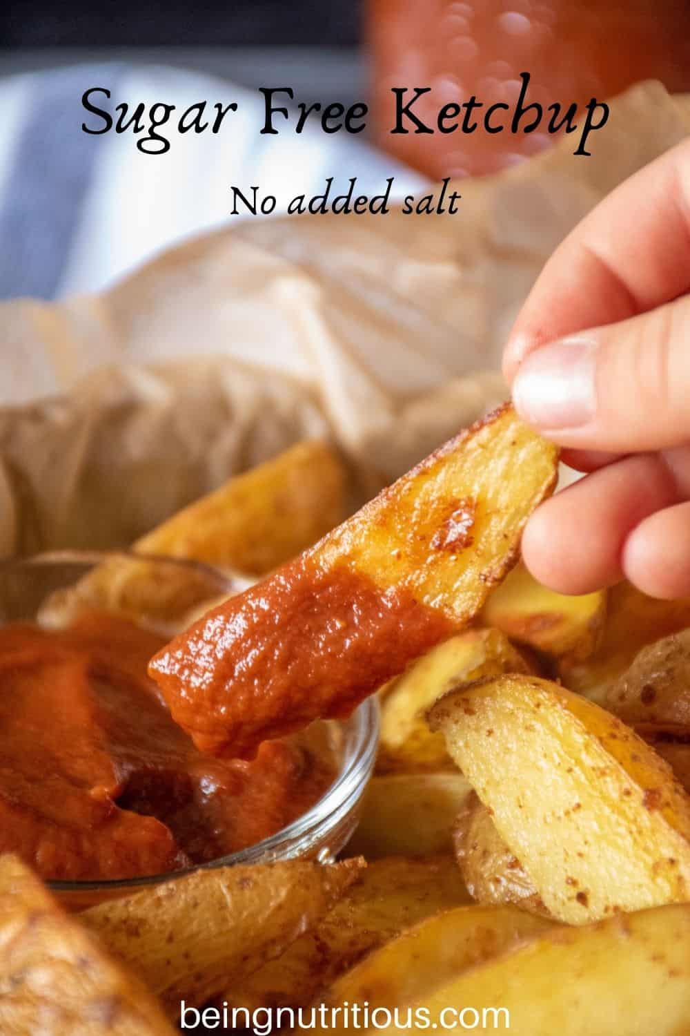 Hand holding a potato wedge, dipped in ketchup. Text overlay: Sugar Free Ketchup; No added salt.