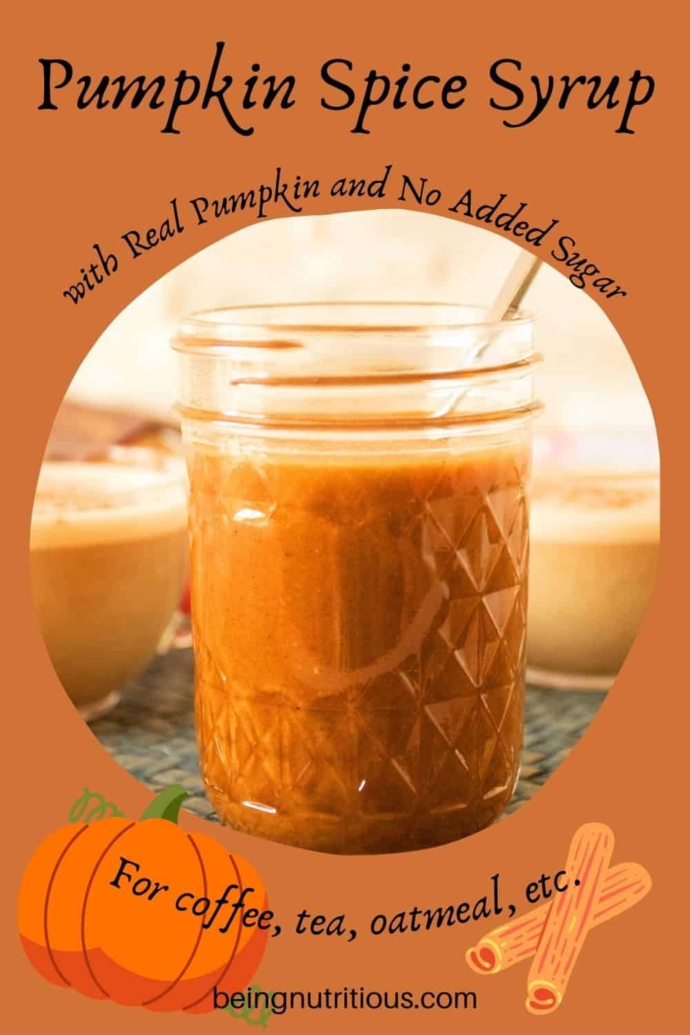 Jar of pumpkin spice syrup. Text around picture: Pumpkin Spice Syrup with real pumpkin and no added sugar. For coffee, tea, oatmeal, etc.