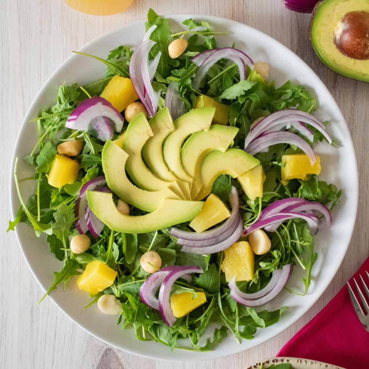 Overhead picture of large plate with salad on it.
