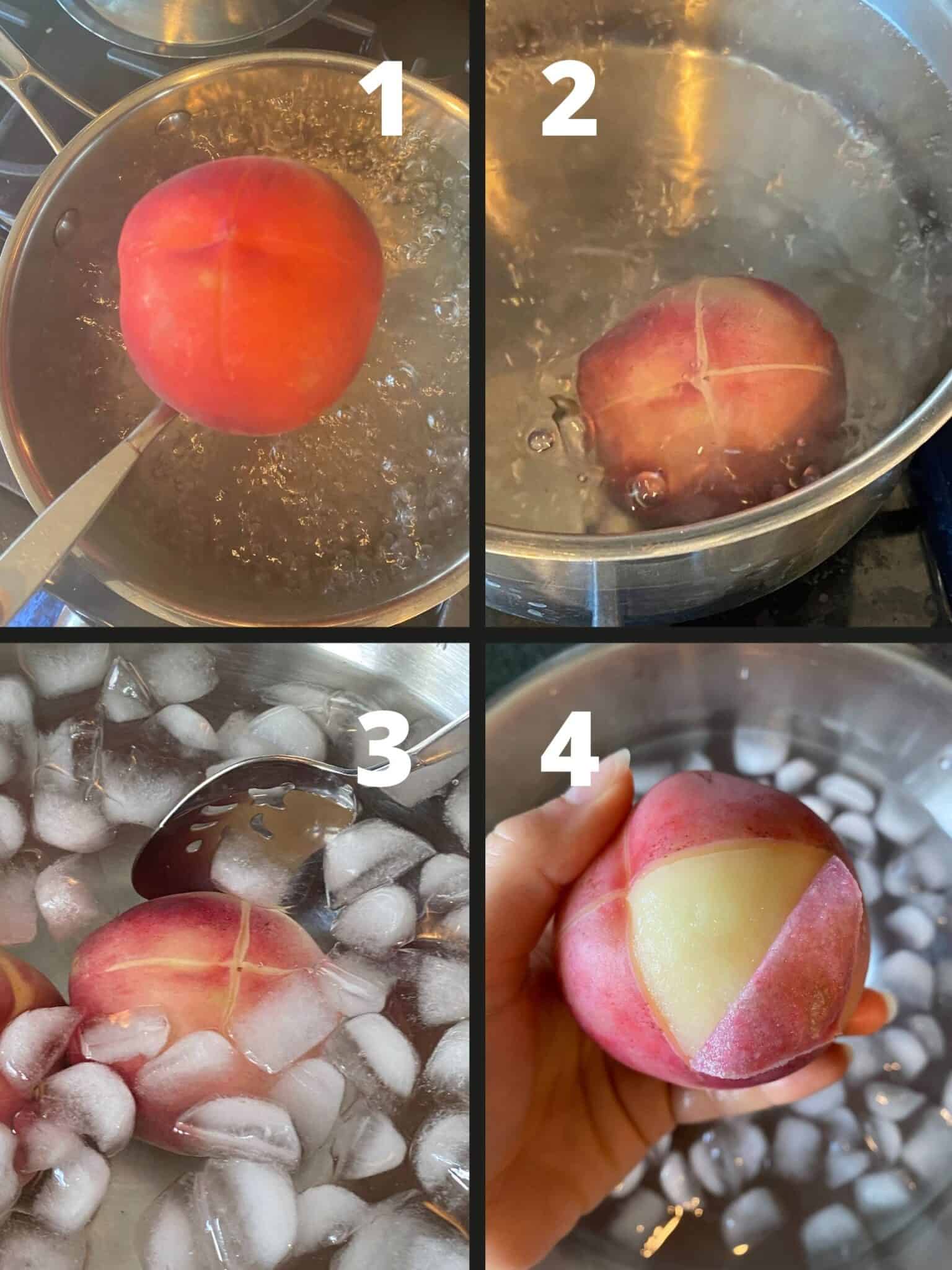 Four steps for blanching a peach to easily remove the skin.