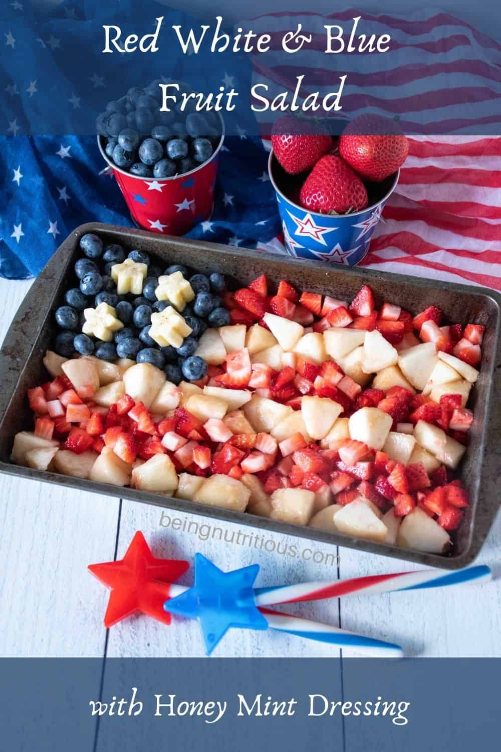 Small tray with strawberries, blueberries, and white peaches arranged in the shape of an American flag. Text overlay: Rad White and Blue Fruit Salad with Honey Mint Dressing.